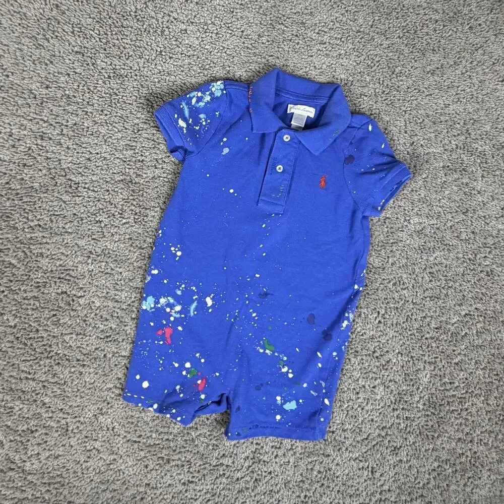 Ralph Lauren Romper Boys 24 Months Blue Red Polo One-Piece Paint Splatter